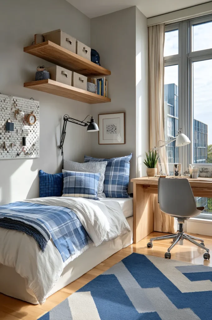 Small boys bedroom with light grey walls, a white bed featuring blue and white plaid bedding, a wood desk by a large window, a white wall pegboard, and a blue and white chevron area rug.