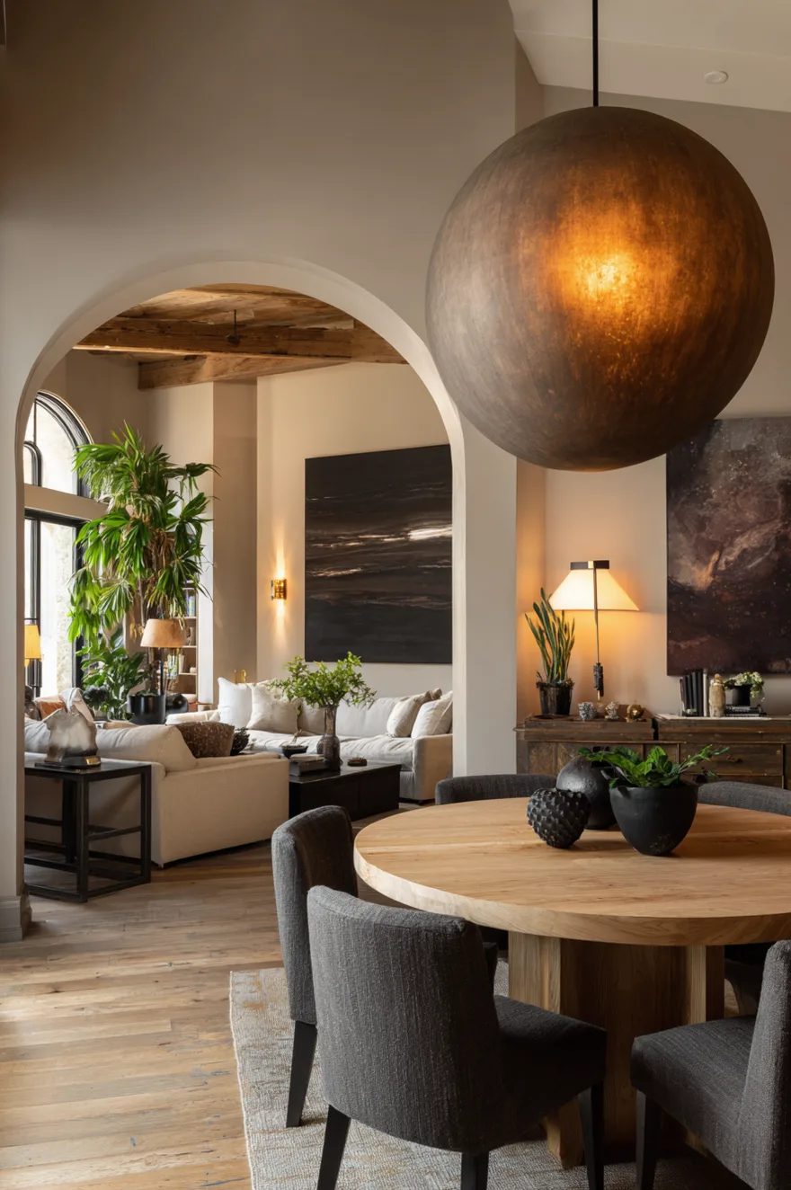 A round light wood dining table with dark grey chairs sits under a large spherical bronze pendant light, looking through an archway toward a living space with a white sofa and large dark abstract art.