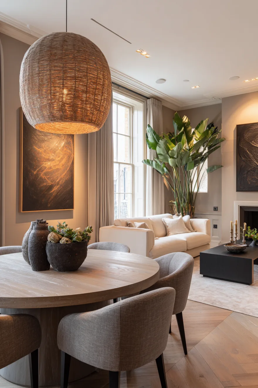 A round wooden dining table with grey chairs is illuminated by a woven basket pendant light, with a living area featuring a white sofa, a tall green plant, and dark artwork in the background.