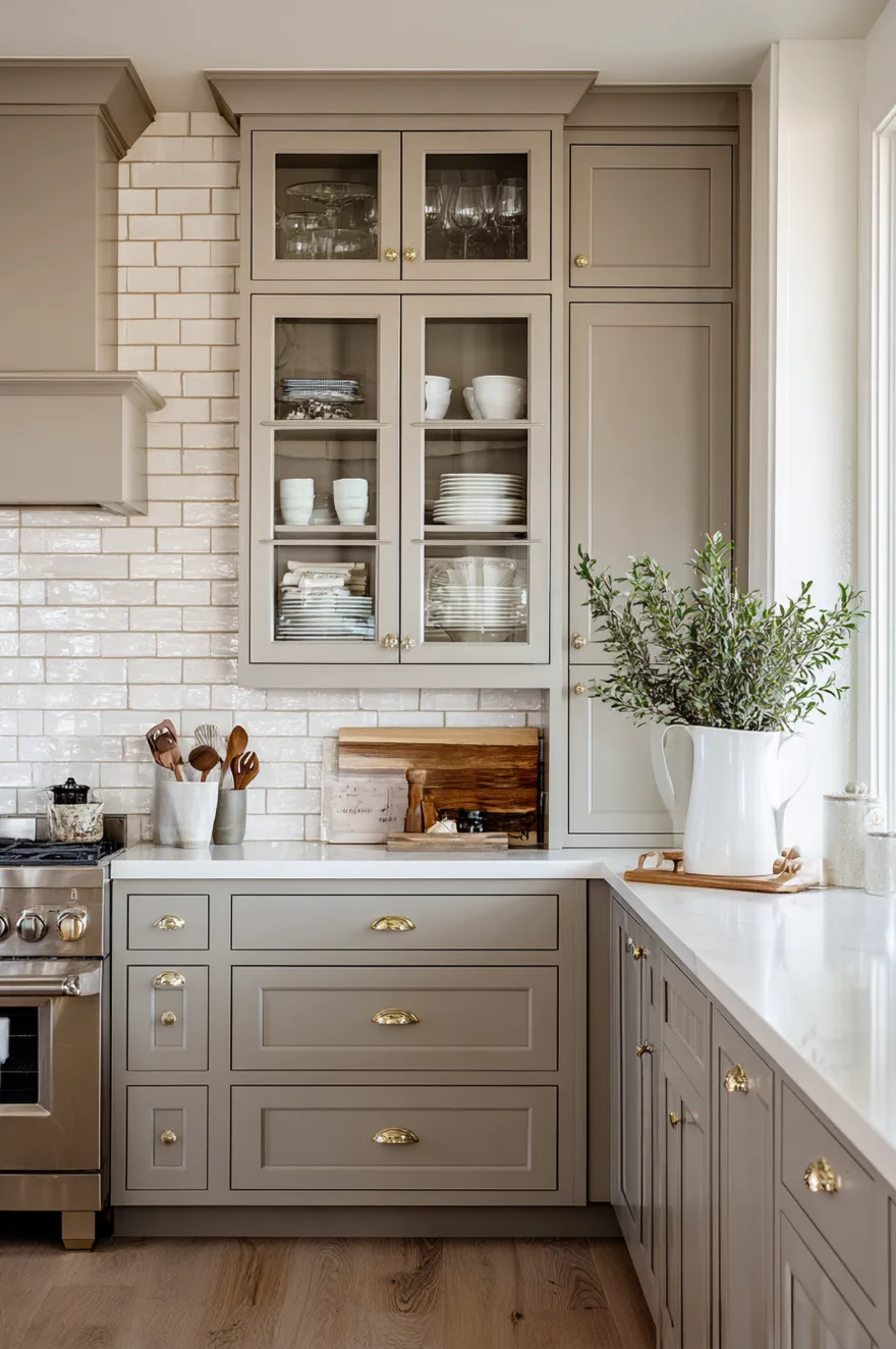 Taupe kitchen cabinets featuring glass front upper doors displaying white dishware, paired with brass hardware and a white subway tile backsplash.
