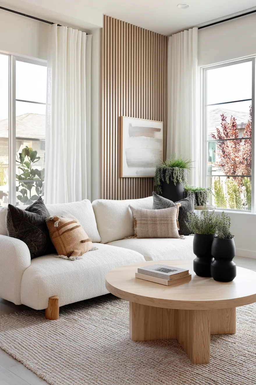 A low profile round light wood coffee table sitting on a textured beige rug in front of a white sofa, styled simply with a ceramic bowl and a book.