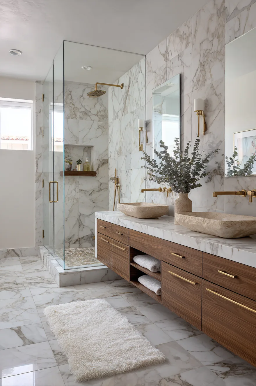 Luxurious bathroom featuring floor to ceiling white marble tile with grey veining, a seamless glass walk in shower, and a floating wood vanity with double stone sinks and gold hardware.