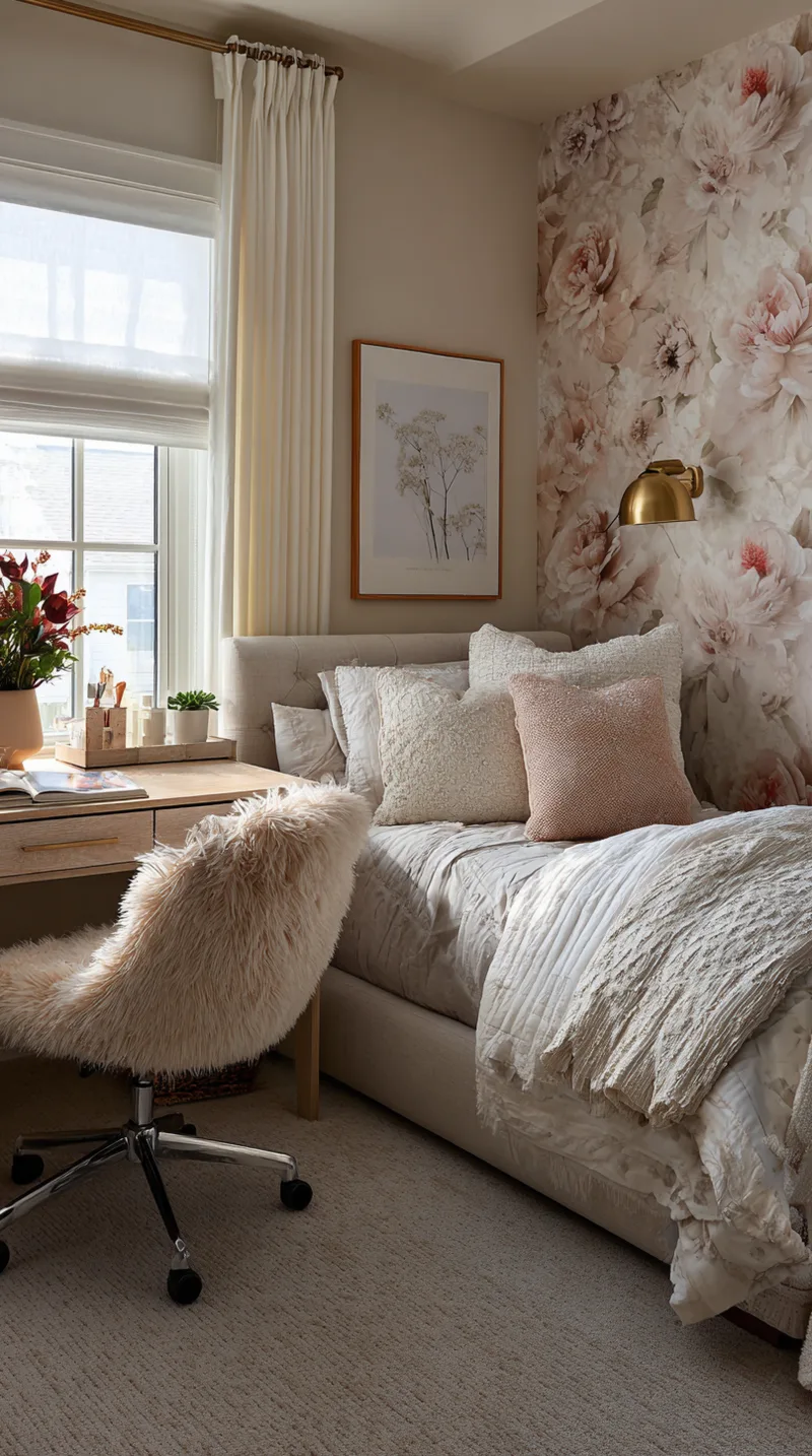 Teen bedroom featuring one bold terracotta accent wall with a gallery of personal art, while other walls remain white.