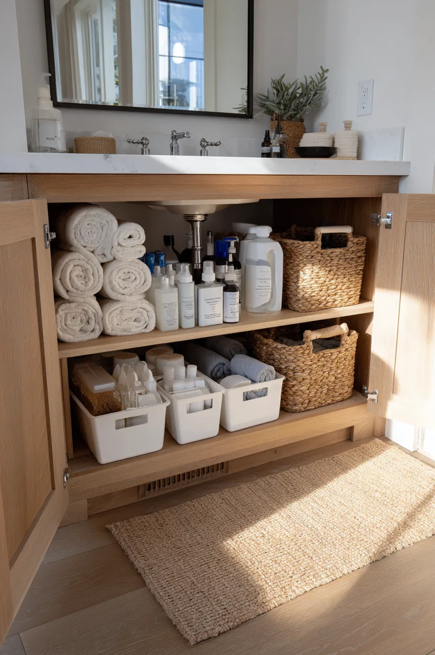 Open under-sink bathroom cabinet featuring two-tiered sliding organizers holding clear bins filled with neatly arranged toiletries and cleaning supplies.