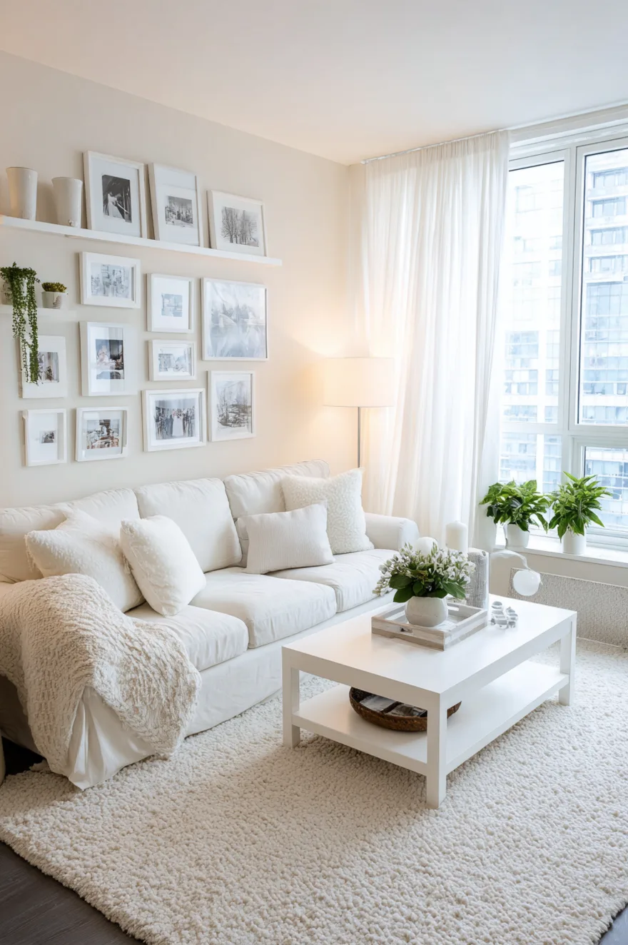 Small apartment living room with white slipcovered sofa, large white area rug, and bright curtains.