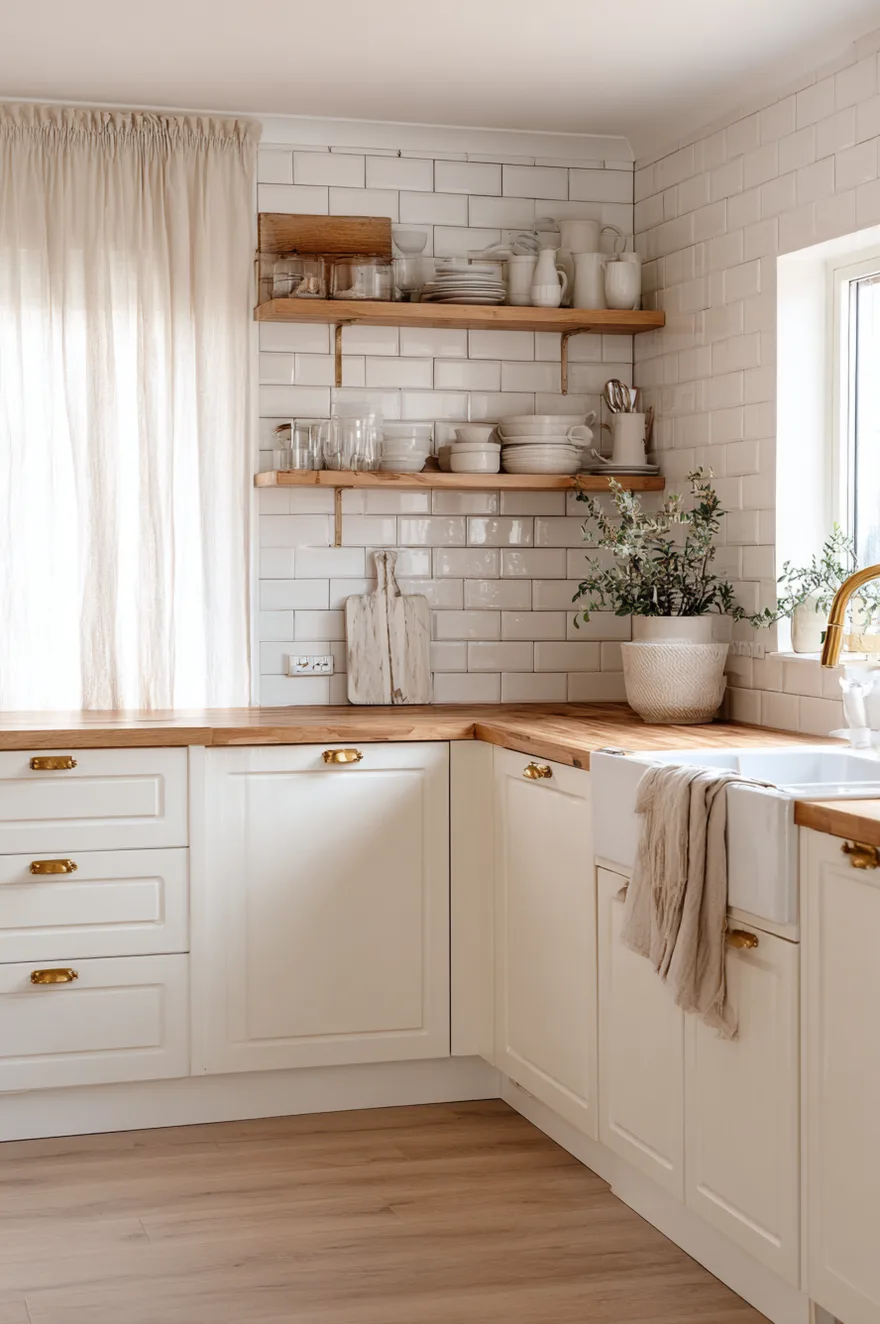 Classic white scandinavian kitchen with subway tile backsplash, wooden countertops, and open shelving.