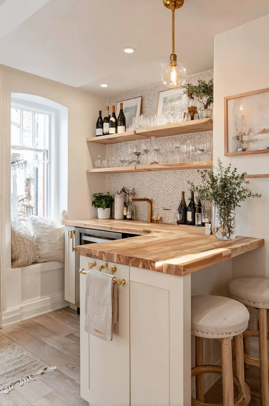 DIY basement bar with butcher block counter over base cabinets, peel-and-stick penny tile backsplash, open shelving with glassware, and Edison pendant lights.