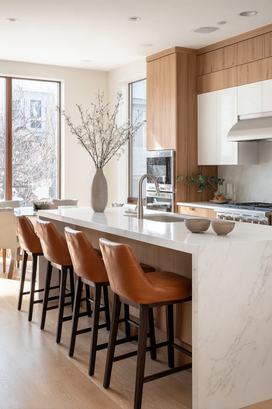 Backless swivel counter stools in warm caramel leather tucked under a waterfall quartz island in a narrow galley kitchen with open sightlines.