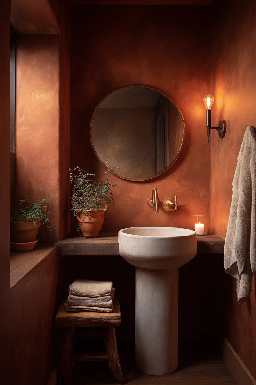 Moody powder room with terracotta limewash walls, round unlacquered brass mirror, warm Edison sconce, and a rustic stool holding folded linen towels.