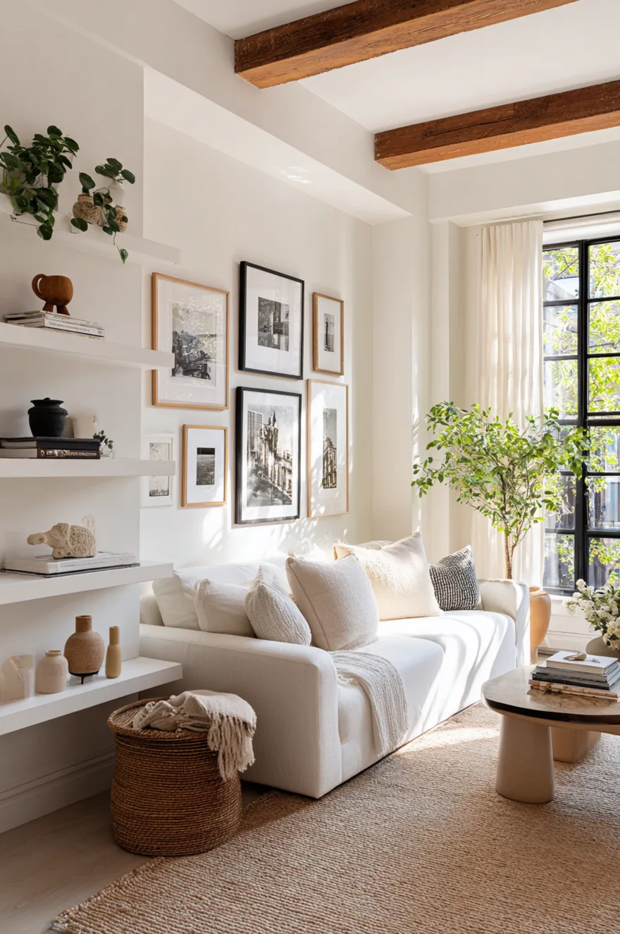 Three staggered picture ledge shelves mounted behind a linen sofa with leaning framed art prints, small ceramic objects, and a trailing plant against warm white walls with natural light.