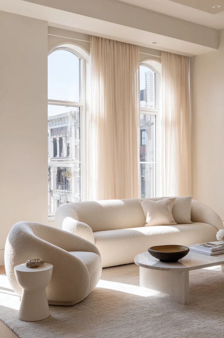 Airy minimalist living room with a two-seat oat bouclé sofa, single curved accent chair, low profile coffee table, sheer linen curtains, and open floor space on a soft greige wool rug.
