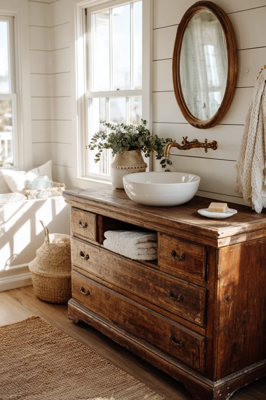 Wide antique wooden dresser converted to a bathroom vanity with a vessel sink, exposed aged brass plumbing, original drawer pulls, and shiplap walls painted soft white.