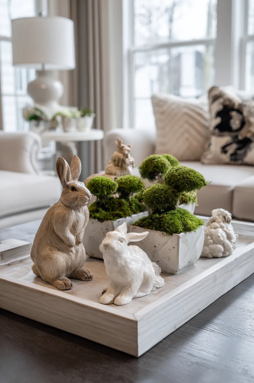 White and tan ceramic bunnies placed around small square planters filled with bright green moss topiaries on a wooden tray.