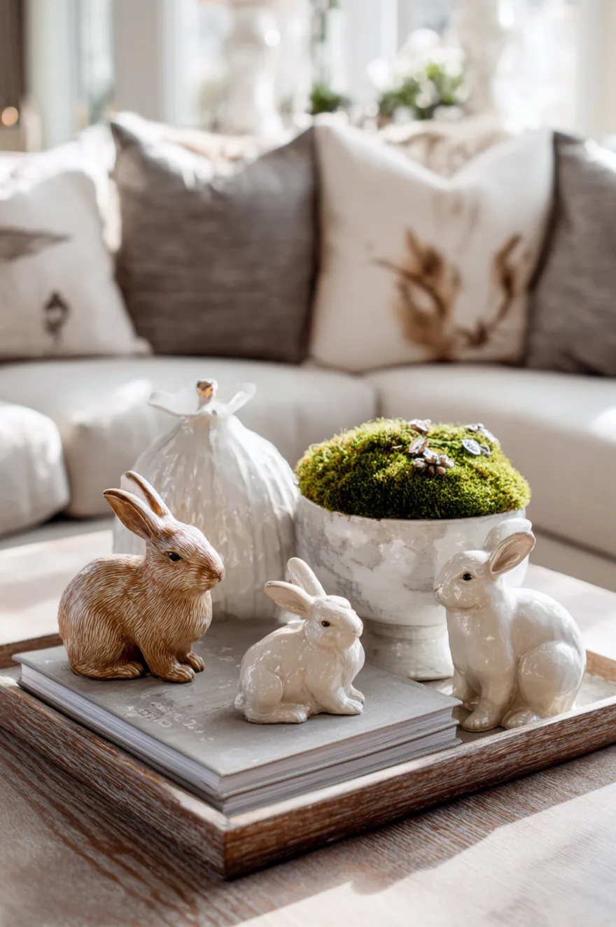 Small white and tan ceramic bunny figurines displayed on a coffee table next to a bowl of green moss.