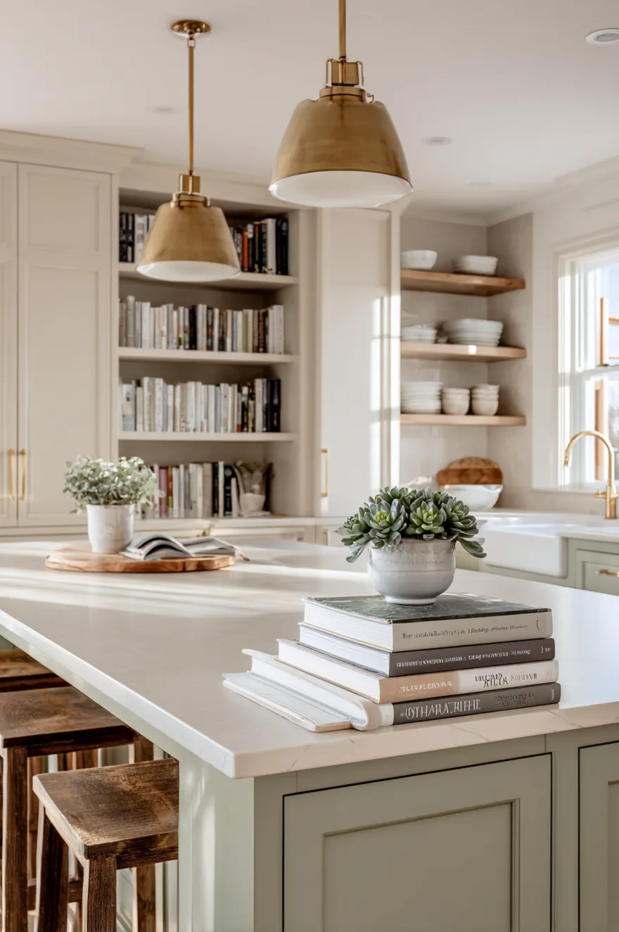 corner of a soft olive green kitchen island with a white quartz countertop holding a neat stack of hardcover cookbooks, topped with a small grey stone pot containing a vibrant succulent.