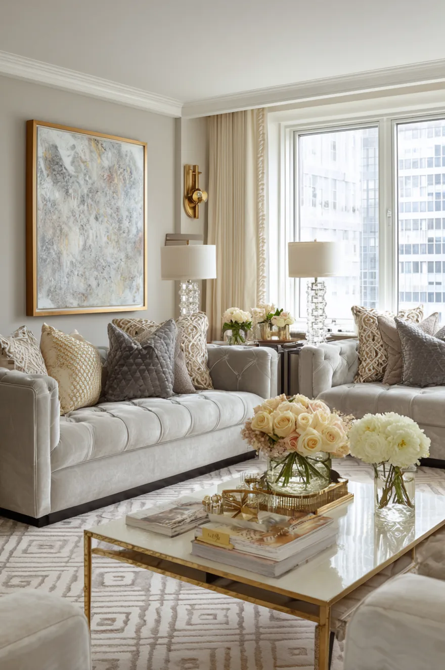 Highly symmetrical living room featuring two matching light gray tufted velvet sofas facing each other, twin crystal table lamps, a geometric rug, and a marble coffee table.