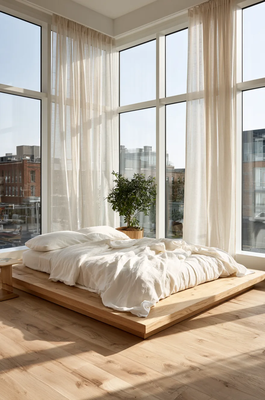 Low minimalist wood platform bed frame with white linen sheets positioned in the corner of a room with floor-to-ceiling windows and sheer cream curtains, looking out onto city buildings with a small potted green tree.