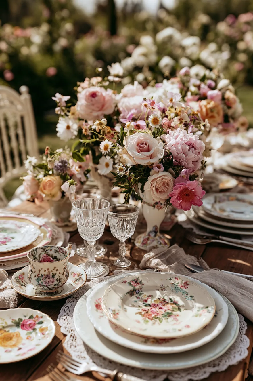 Mismatched vintage floral china plates, crystal glassware, and various glass vases filled with daisies and peonies scattered down a long wooden garden table.