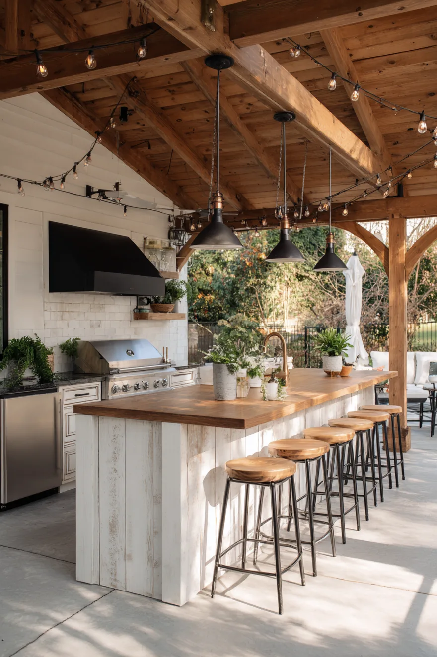 Large outdoor kitchen island with a white vertical shiplap base, a wood butcher block-style counter, black metal bar stools, and black pendant lights.