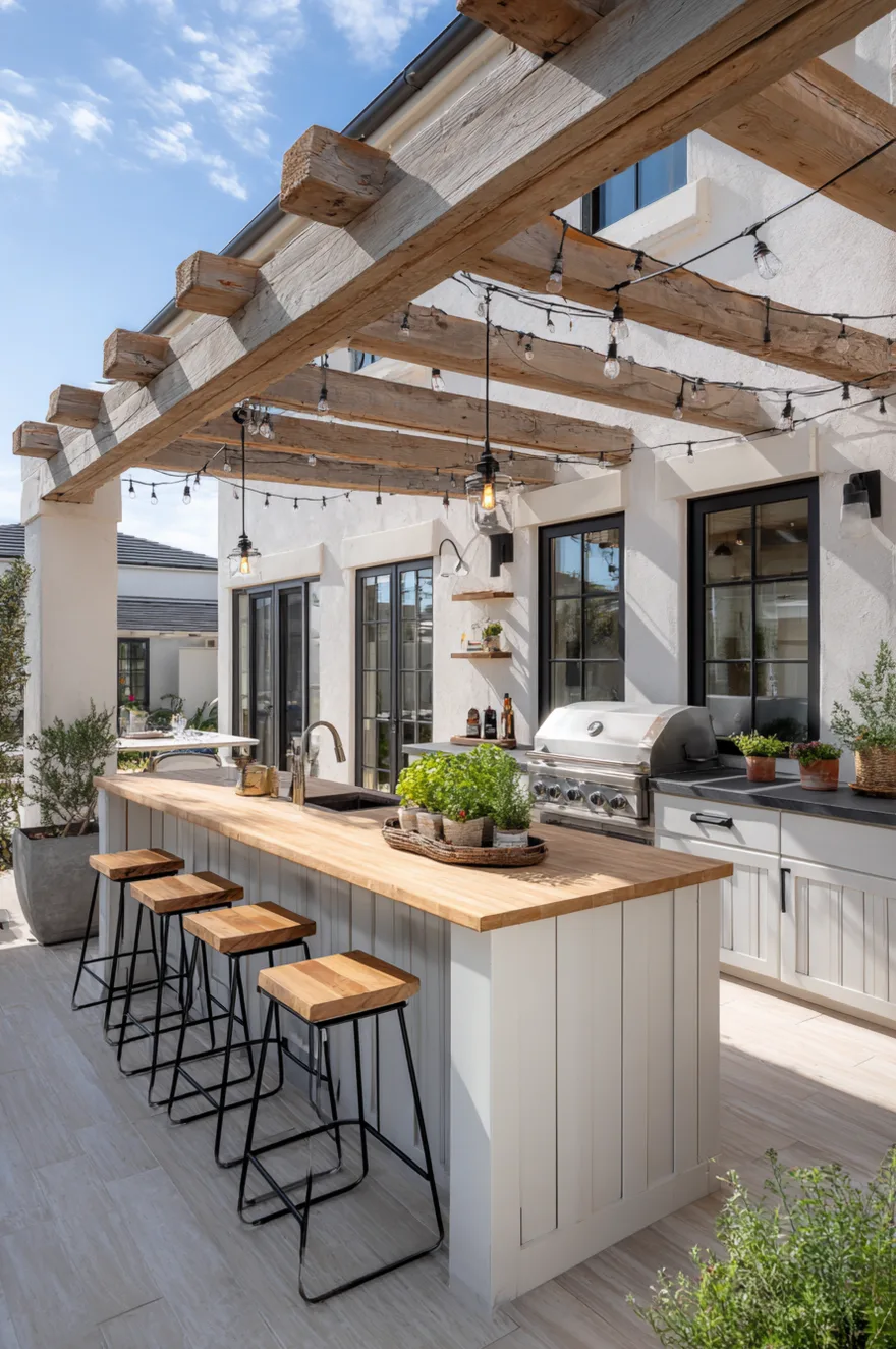 U-shaped outdoor kitchen with muted sage green cabinets, a thick wood countertop overhang, woven rattan bar stools, and a rustic wooden pergola overhead.