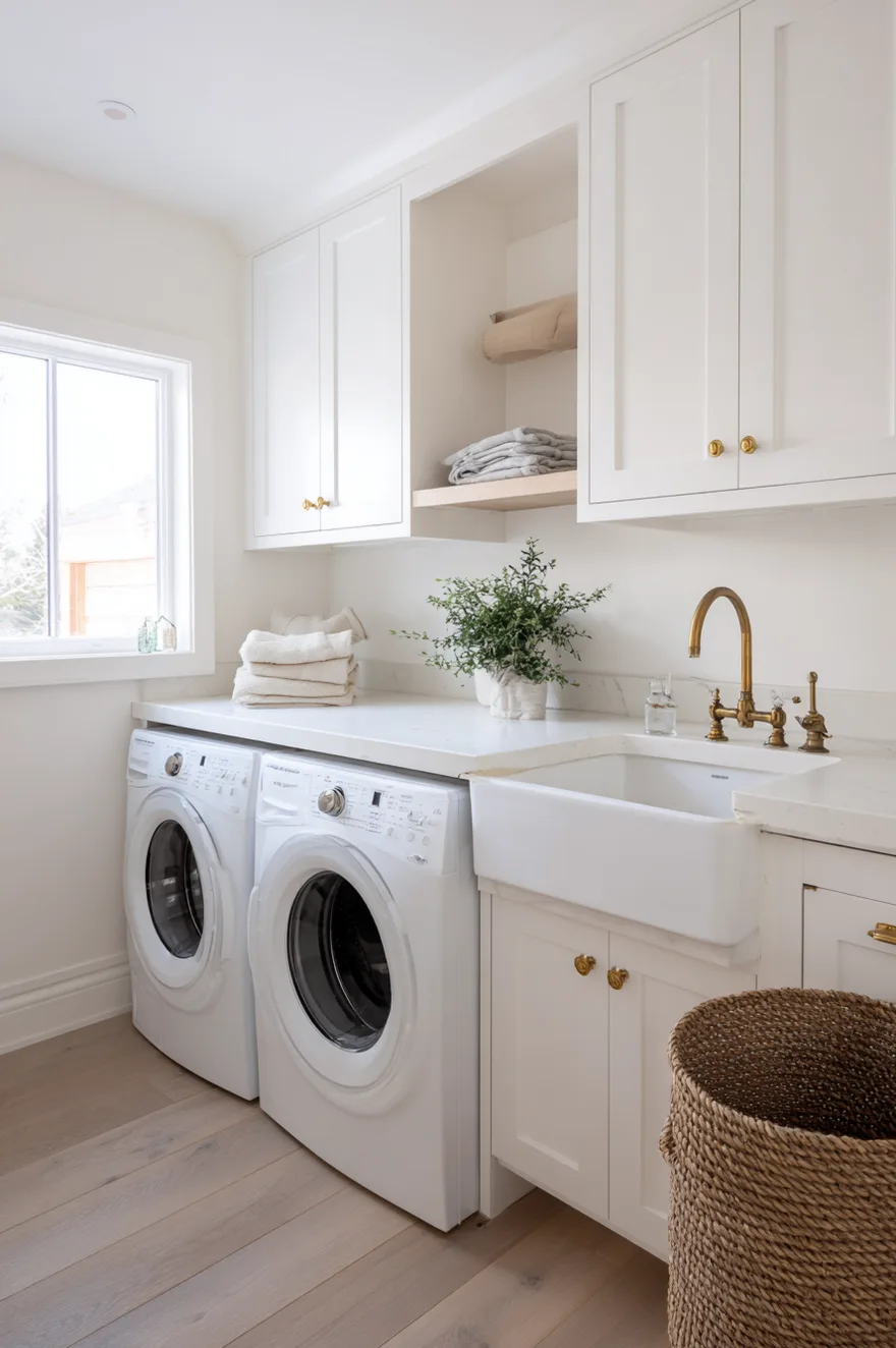 Compact laundry room featuring a farmhouse sink next to the washer and a butcher block folding counter.