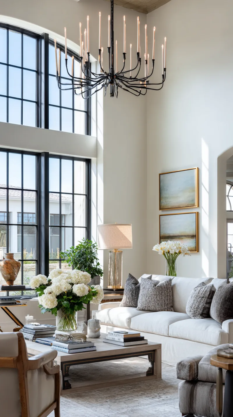 Large brass sputnik chandelier hanging in a high ceiling living room, illuminating a modern sectional sofa.