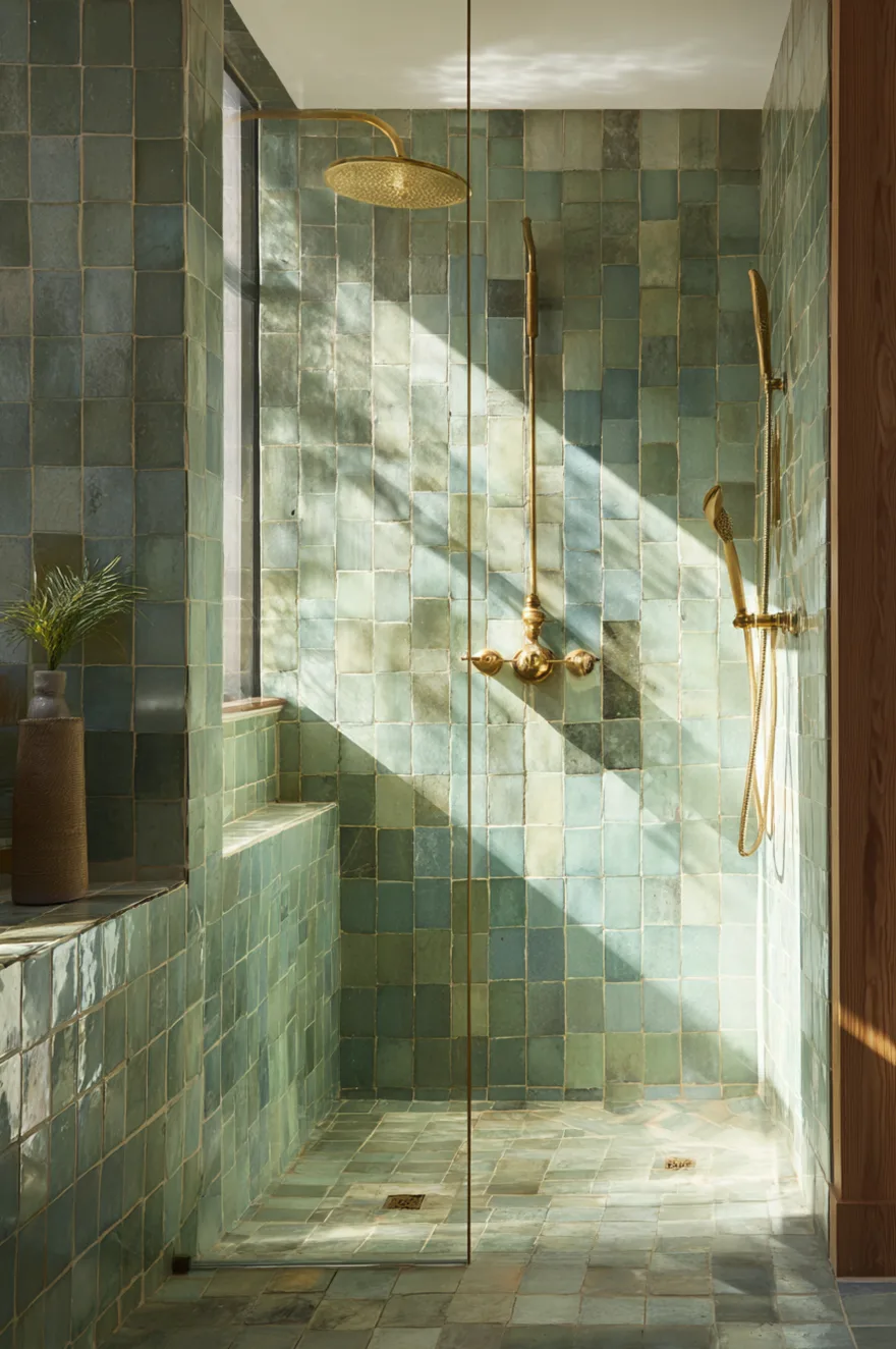 A sunlit glass enclosed shower lined with square green glazed tiles in varying shades showcasing an elegant brass shower head and matching hardware.