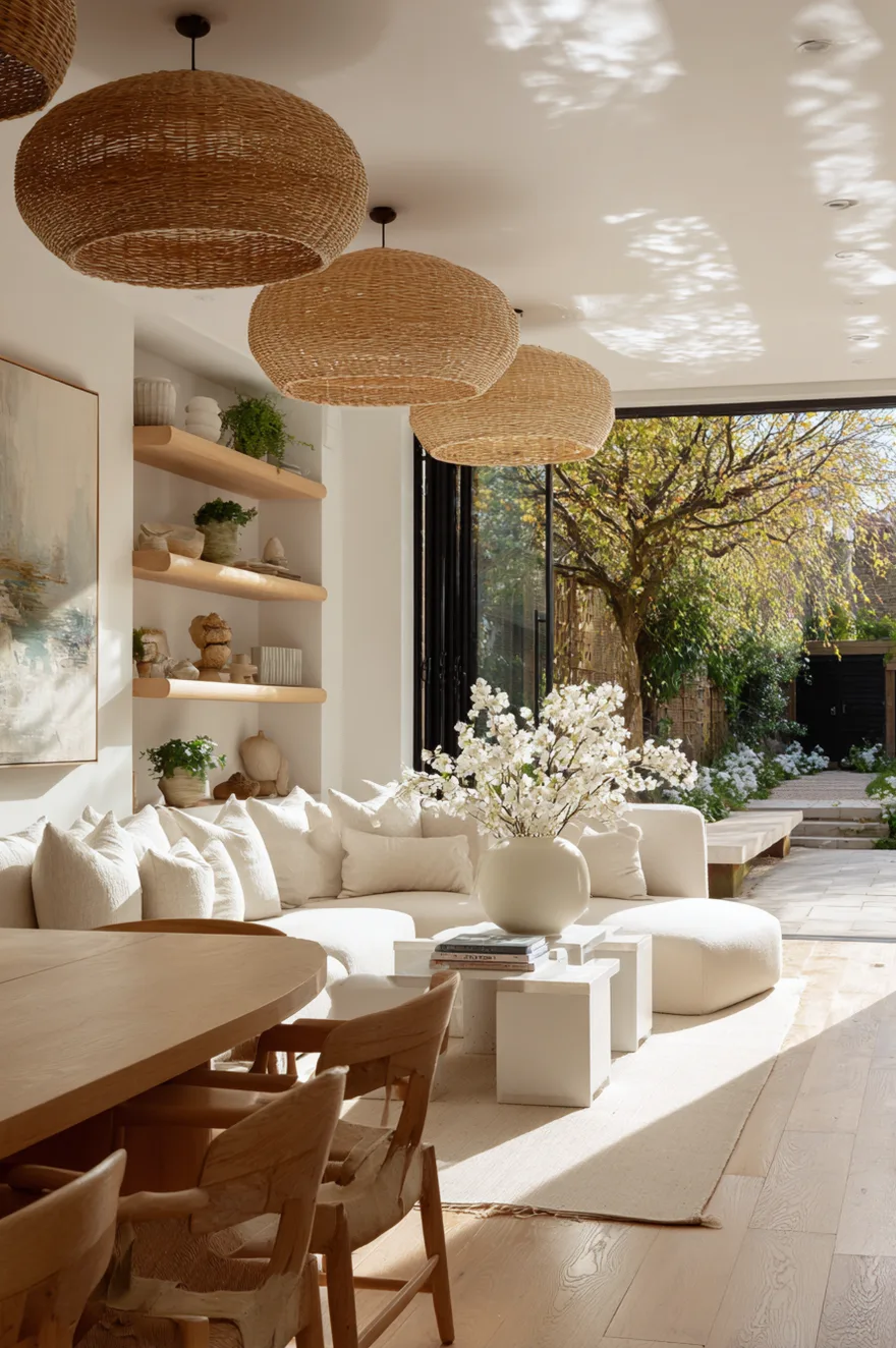 A sunlit open concept room featuring a light wood dining table, a white modular sofa, and large folding glass doors, with two large woven rattan disc pendants hanging from the ceiling.