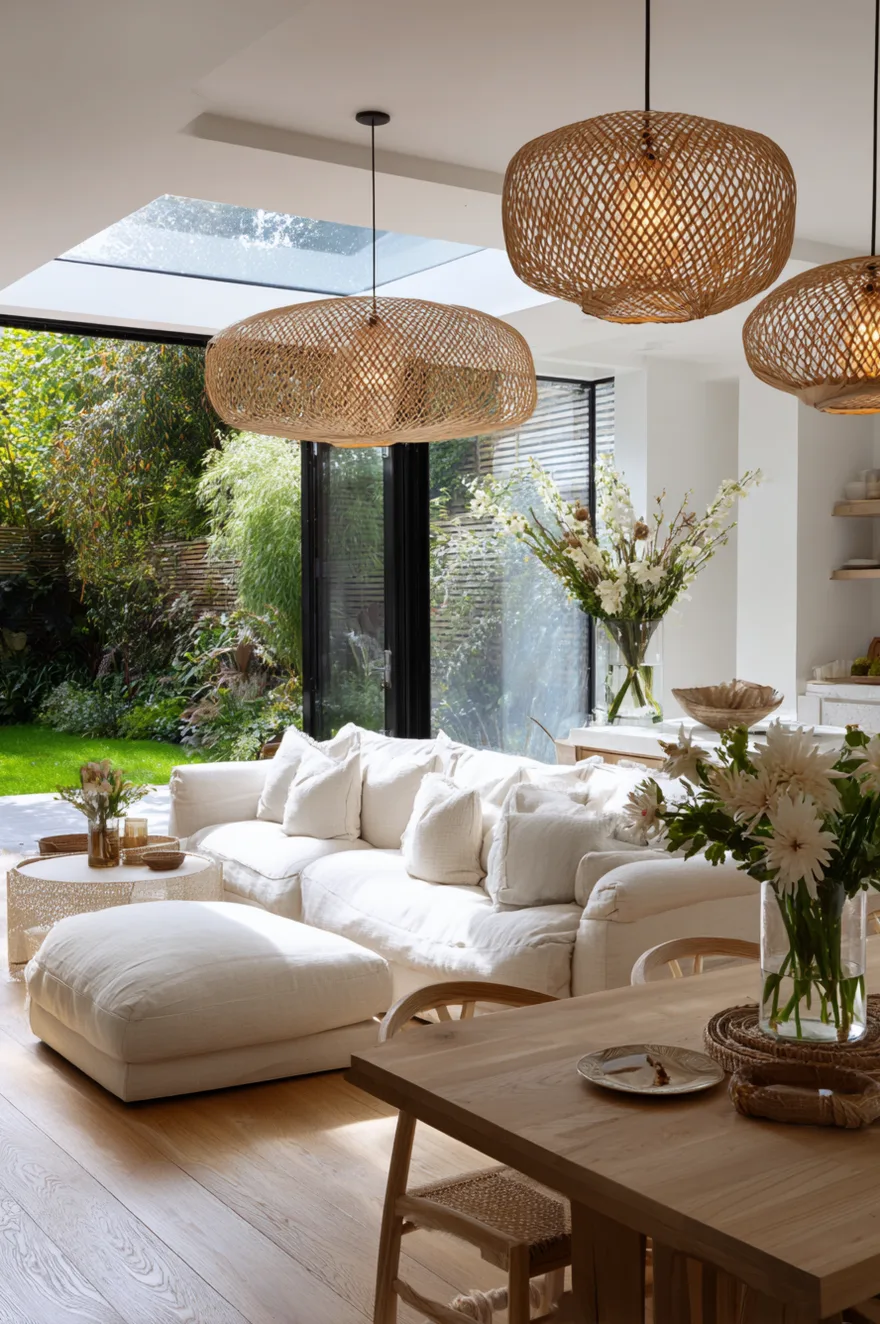 A bright open plan space with a skylight, showcasing a wooden dining table and a large white modular sofa, accented by three large woven rattan pendants and a view into a green backyard.