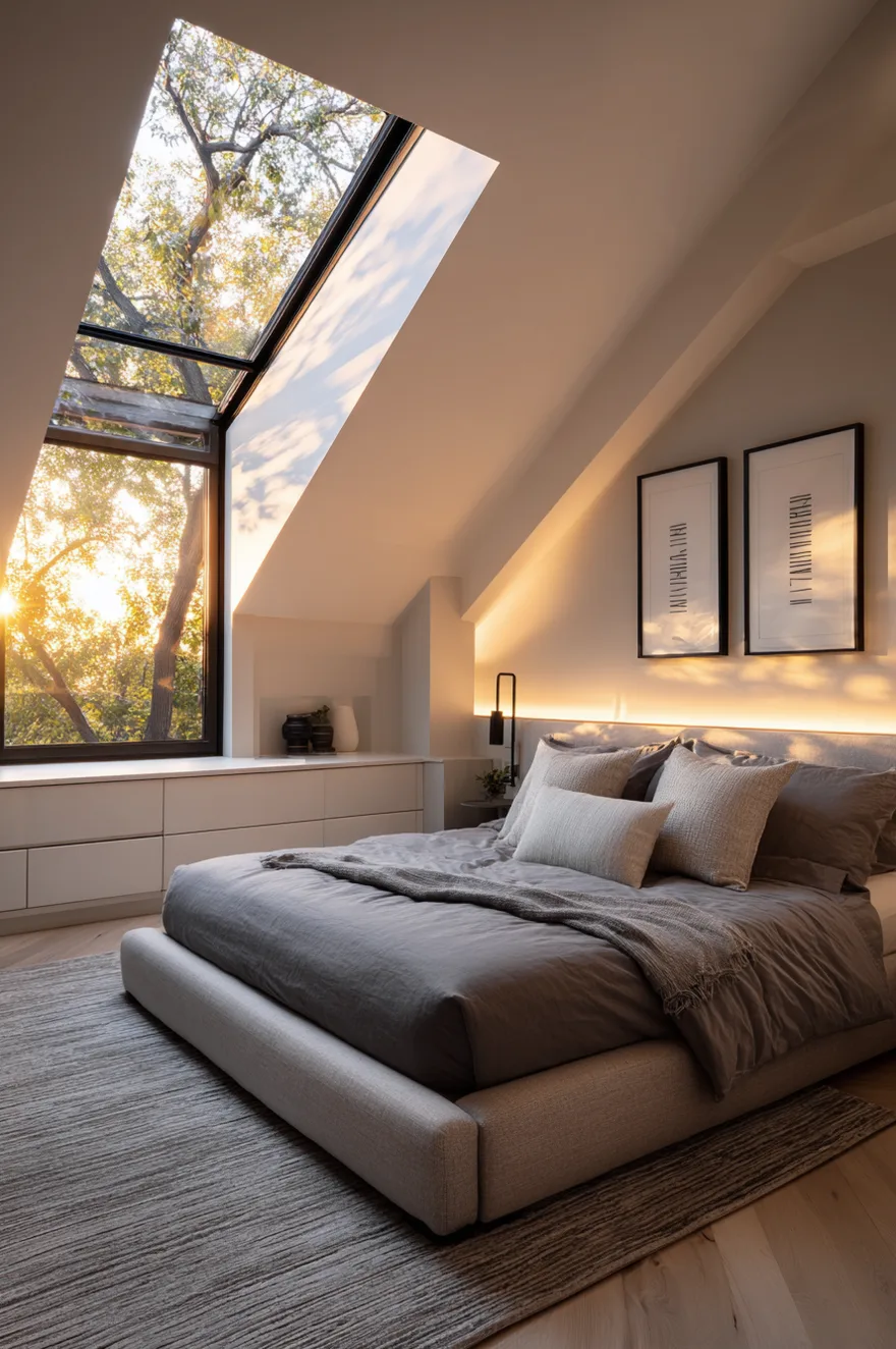 An attic bedroom with a large slanted skylight overlooking trees, featuring a low gray bed, warm backlighting behind the headboard, and two black framed art prints on the painted angled wall.