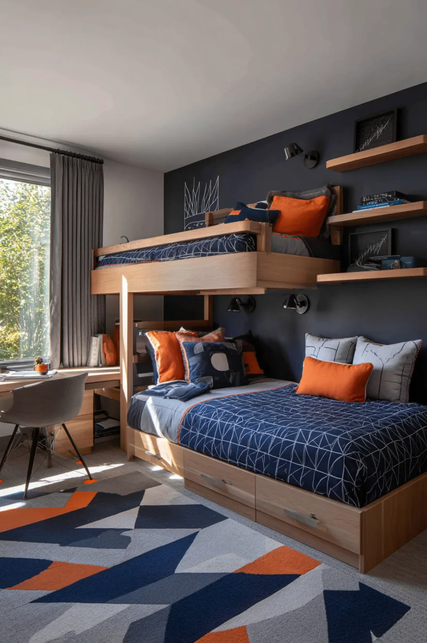 Dark charcoal grey boys bedroom featuring an offset light wood bunk bed setup with storage drawers on the bottom, styled with navy and bright orange geometric bedding and floating wood shelves.