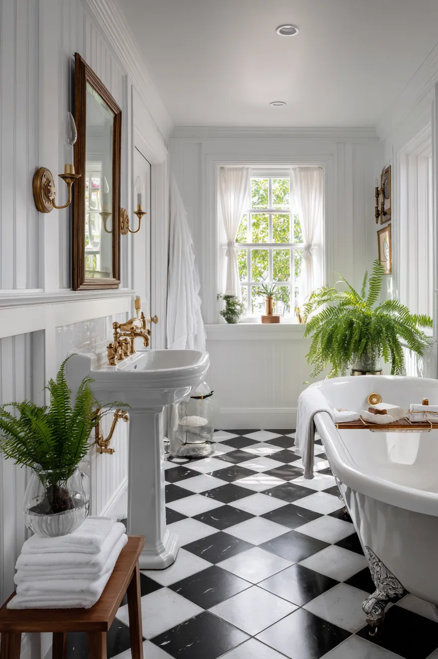 Classic black and white checkerboard floor tiles laid on a diagonal in a vintage-inspired bathroom featuring a white clawfoot tub, a white pedestal sink with ornate brass fixtures, and lush green ferns.