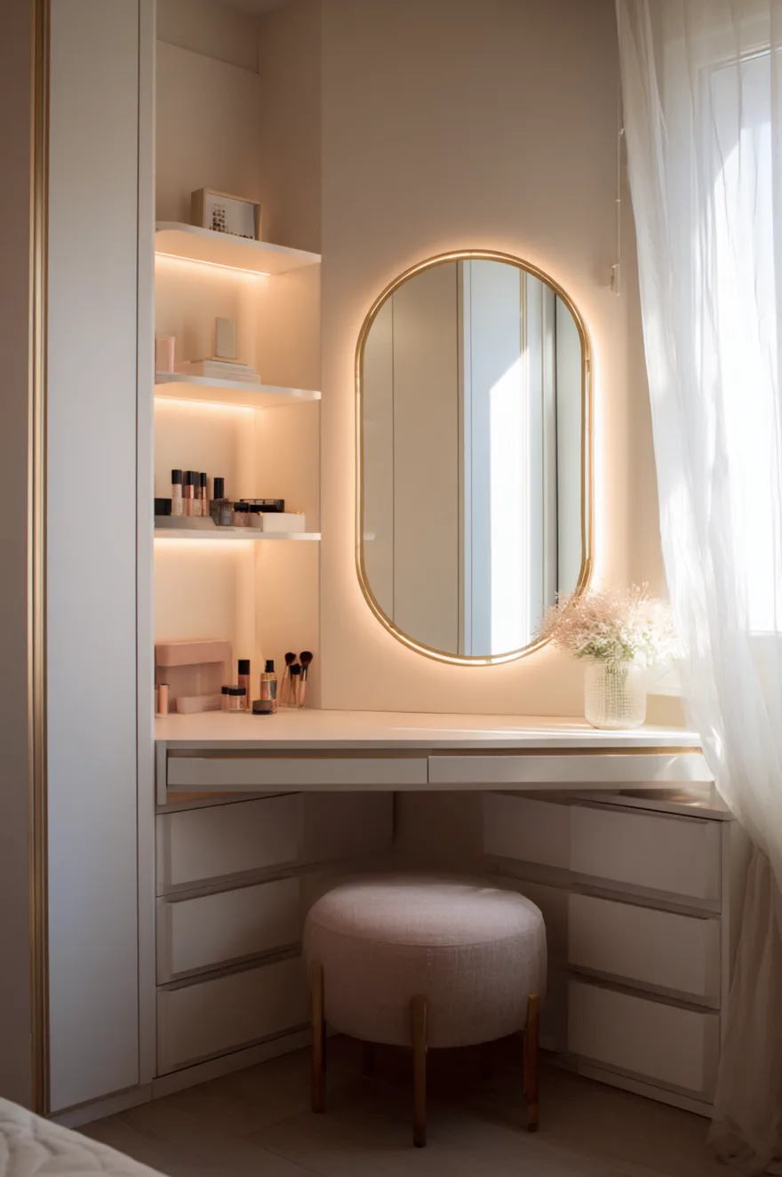 White corner makeup vanity with a round backlit gold mirror, illuminated built-in corner shelves displaying cosmetics, and a round beige velvet stool tucked underneath.