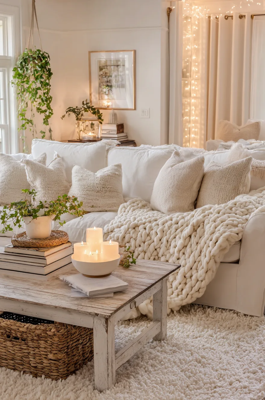 Cozy white living room scene with a chunky knit blanket, textured rug, and warm ambient lighting.