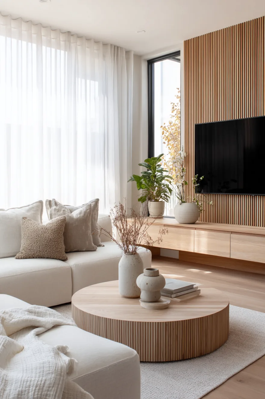 A light wood floating media console mounted to a white wall under a flat screen TV, softly illuminated by under-cabinet LED strip lighting.