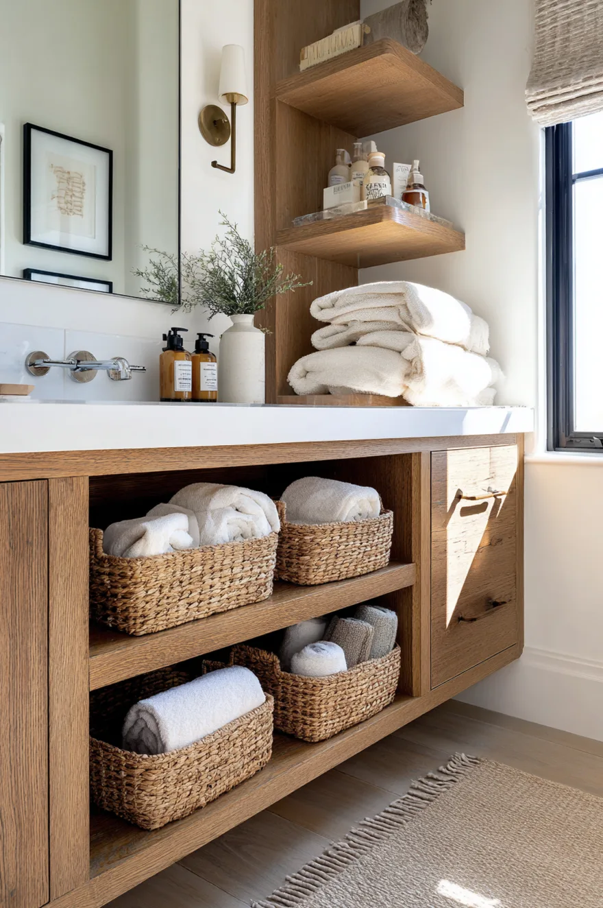Light wood floating bathroom vanity with open lower cubbies holding folded white towels and woven storage baskets.