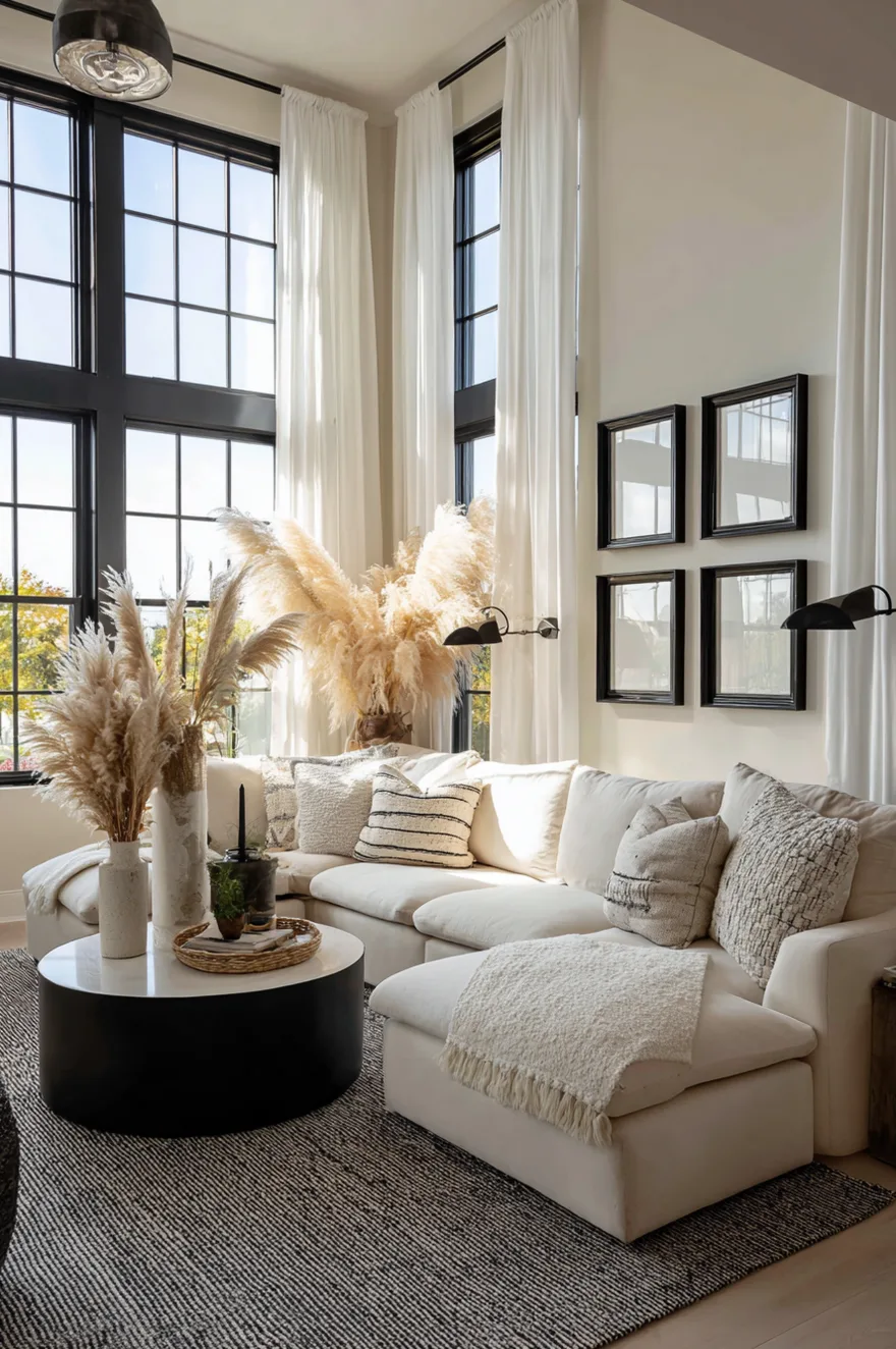 A classic grid gallery wall featuring six square black frames hung symmetrically above a comfortable beige sofa in a well lit living room.