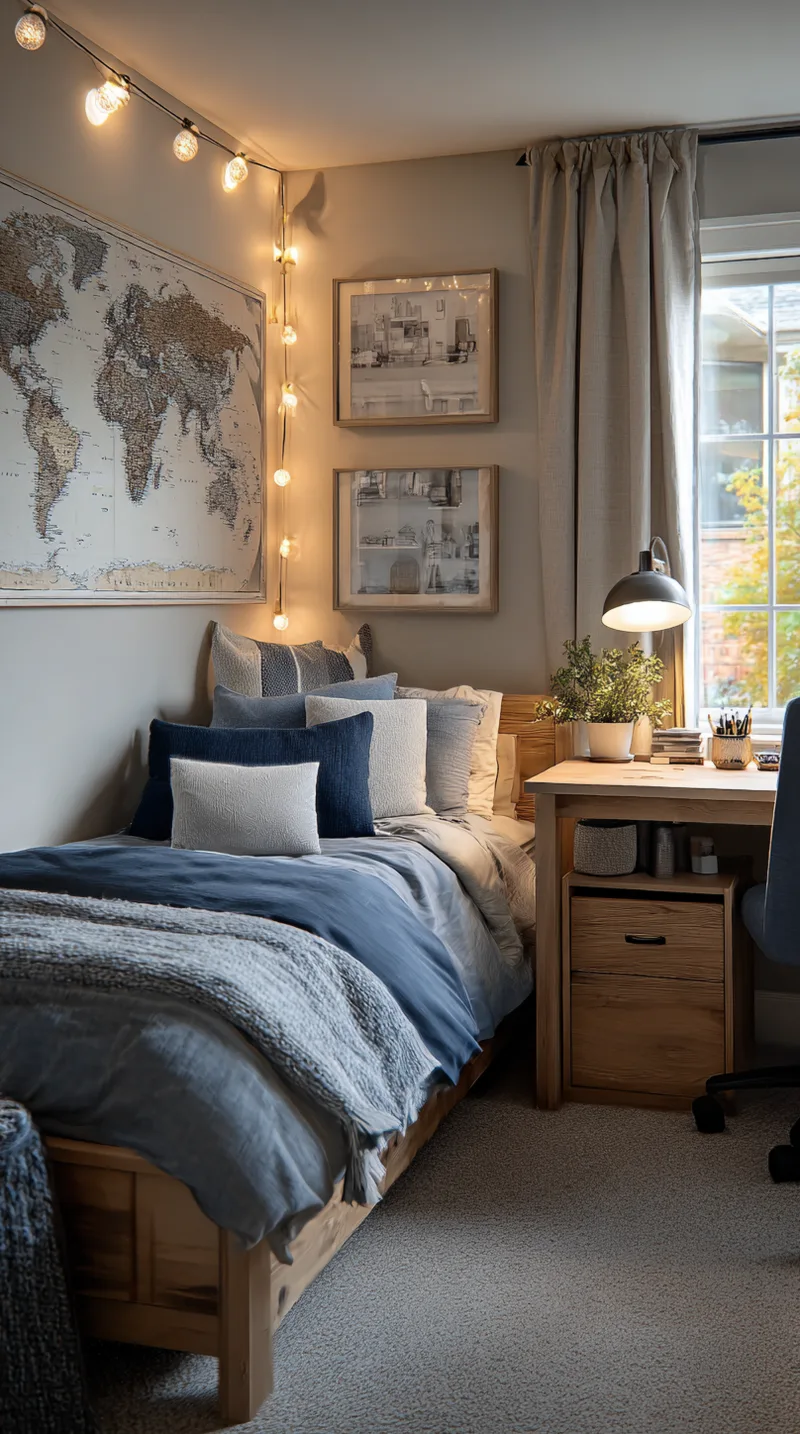 Modern teen boy bedroom with gray walls, a solid wood desk, industrial lighting, and neutral bedding without sports decor.