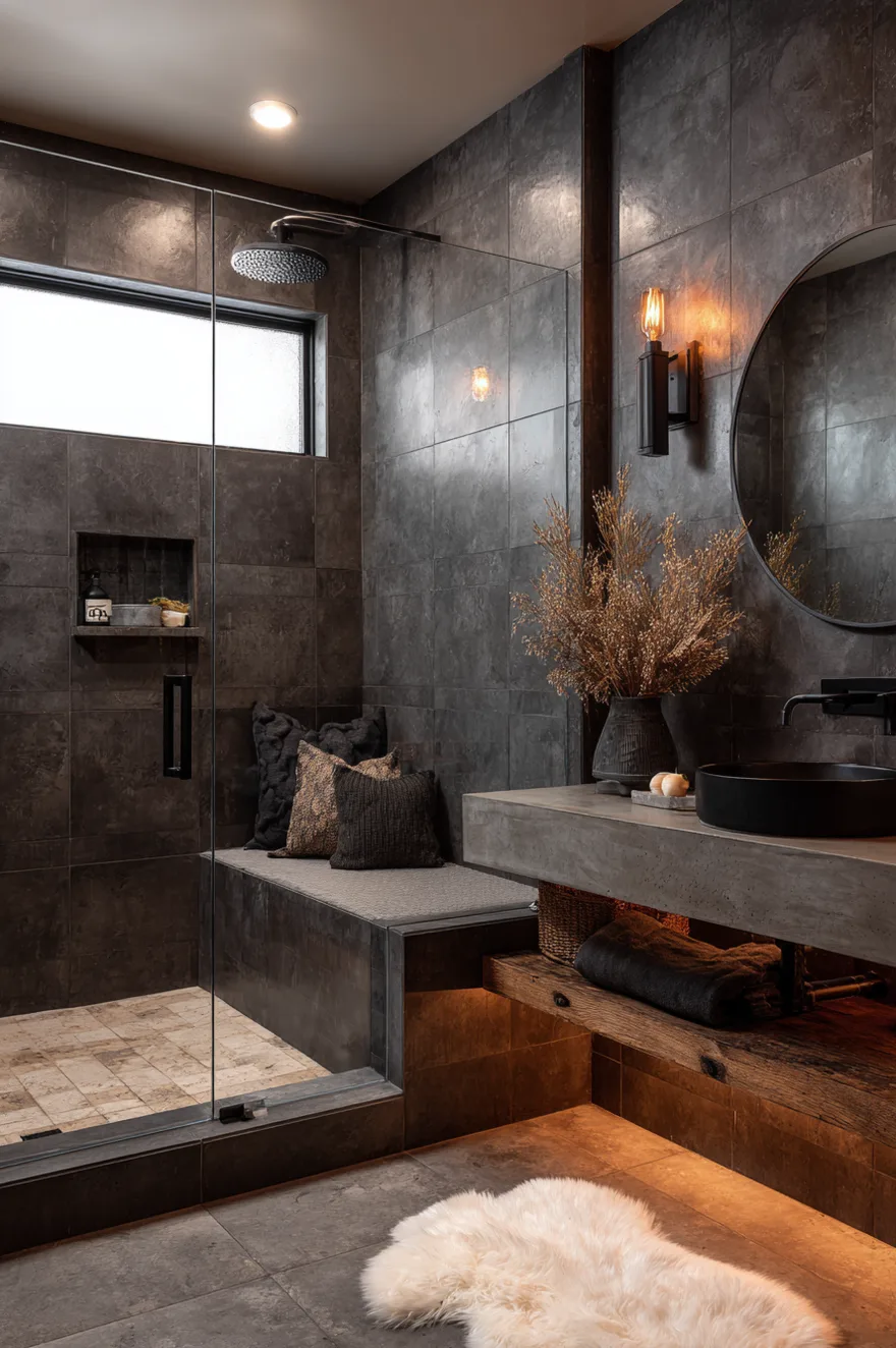 Moody bathroom with dark charcoal square tiles, a large walk in shower featuring a built in bench with pillows, and a thick concrete vanity with a black sink under warm lighting.