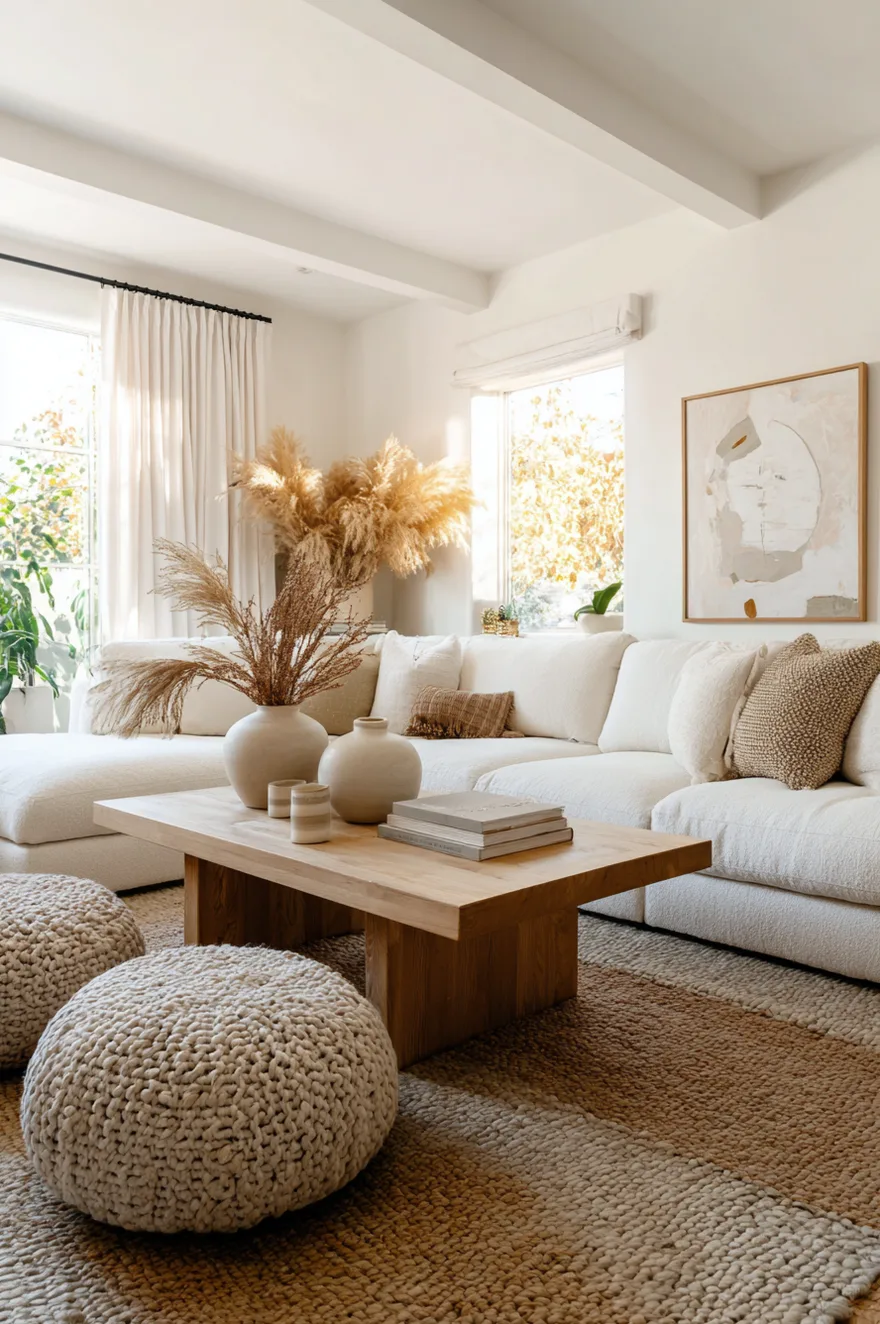 A sunlit neutral living room featuring a large white sectional and two chunky knit floor poufs sitting on a natural woven jute carpet with a subtle striped pattern.