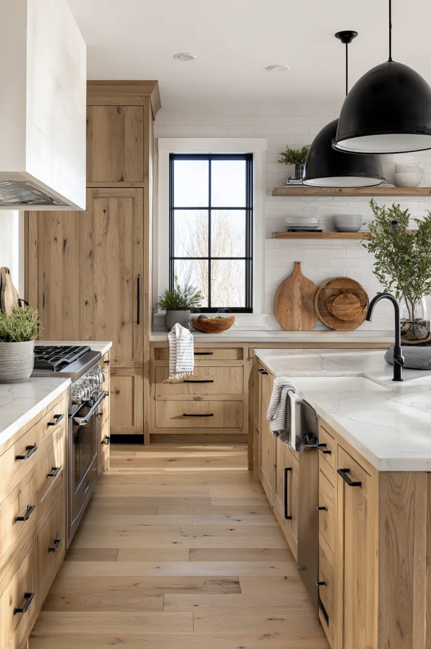 Natural rustic wood kitchen cabinets with black bar pulls, a white farmhouse sink on a white countertop, a white subway tile backsplash, and oversized black dome pendant lights.