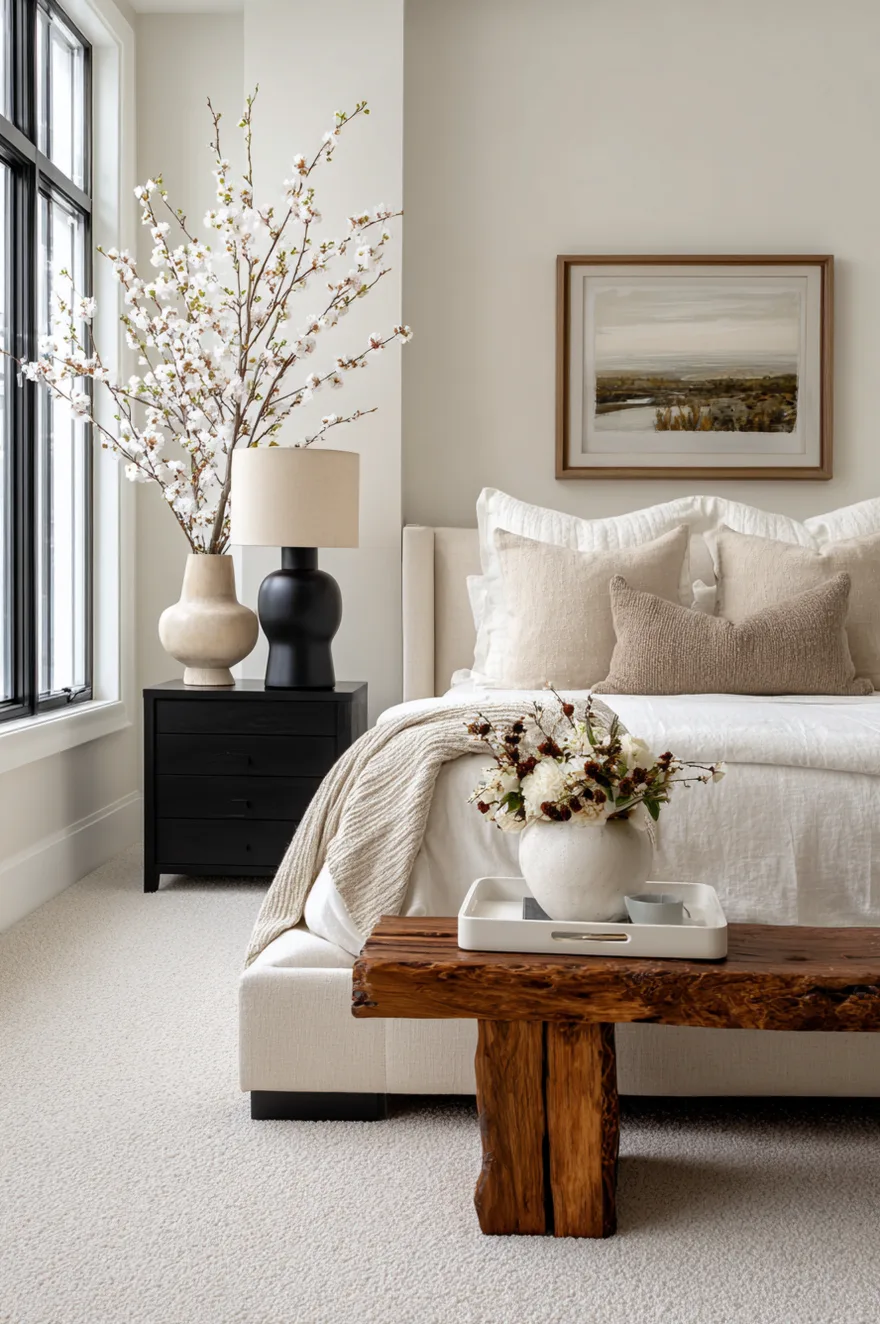 A sophisticated neutral bedroom displaying a cream bed with linen sheets, contrasted by a black nightstand and matching black sculptural table lamp, finished with a raw wood bench at the foot.