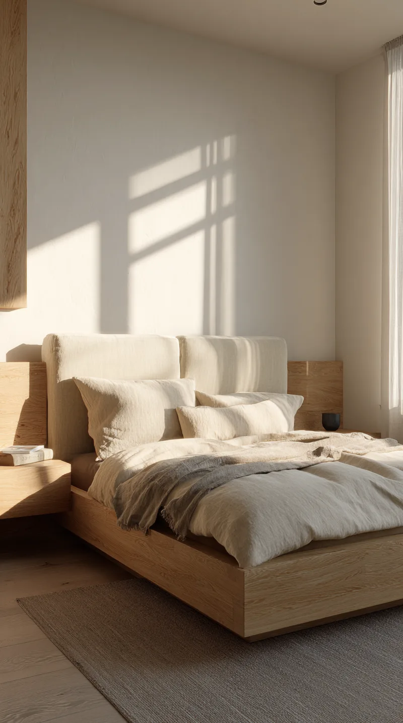 Low profile light wood platform bed with beige upholstered headboard in a sunlit minimalist room.