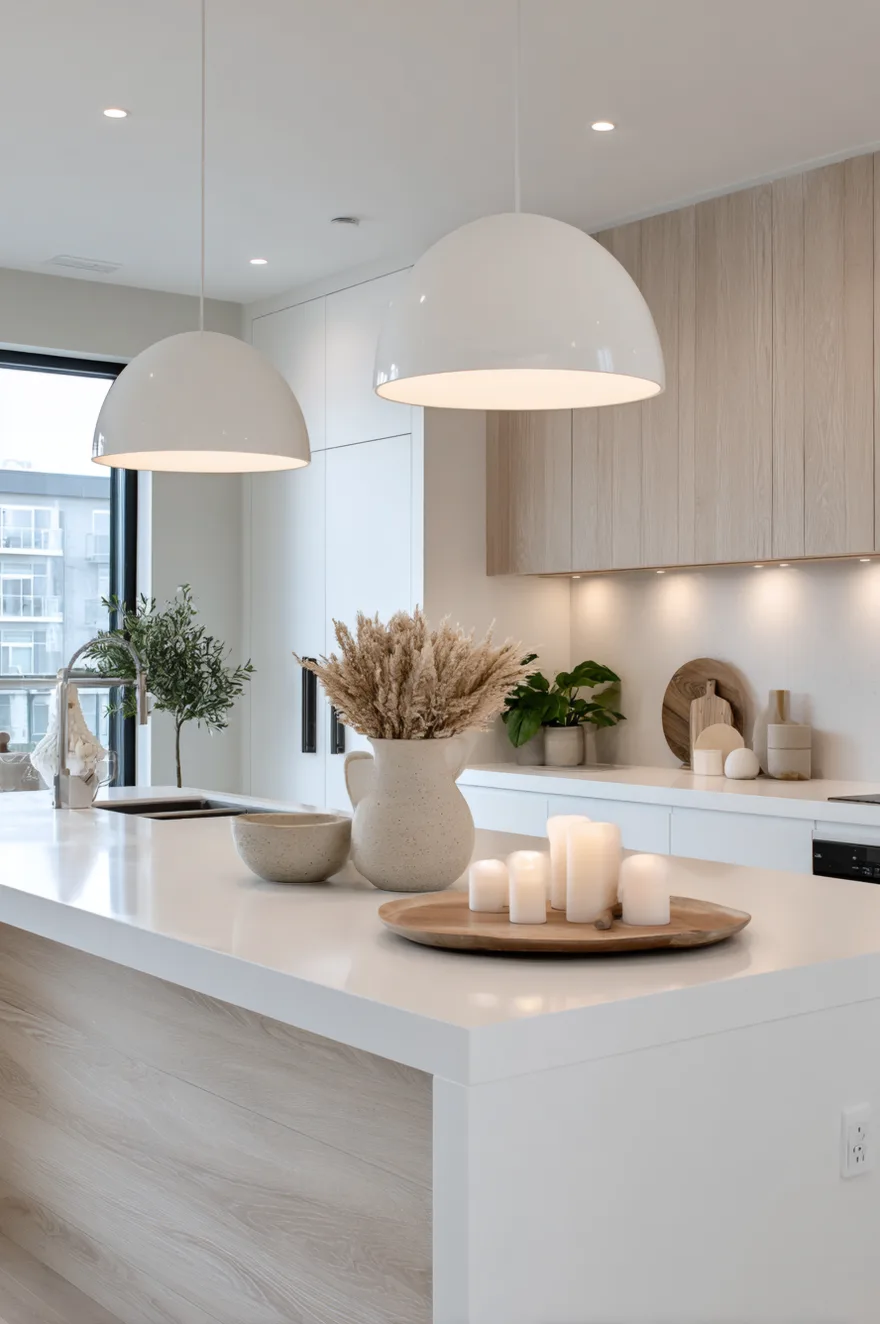 Large white dome pendant lights hanging over a white kitchen island with light wood cabinetry accents.