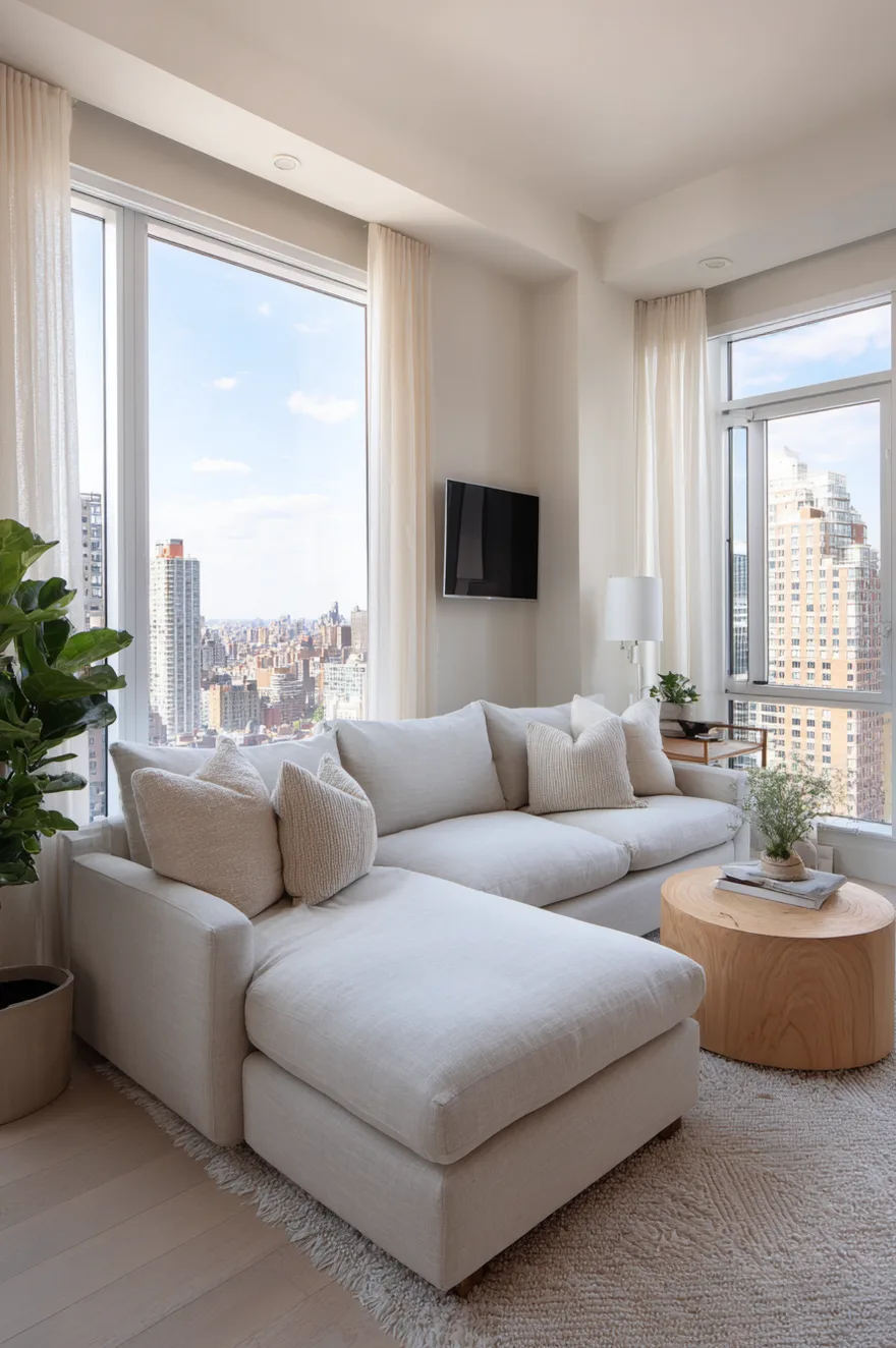 Small beige chaise sectional sofa with cream textured pillows, a solid round light wood coffee table, and a tall fiddle leaf fig plant in a bright apartment living room overlooking a city skyline.