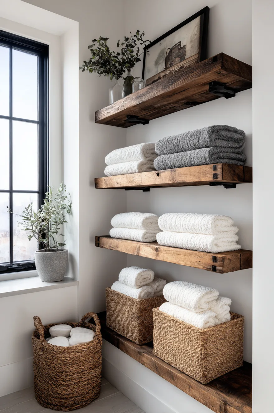 Rustic reclaimed wood shelves recessed into a white bathroom niche stacked with folded white and grey towels.
