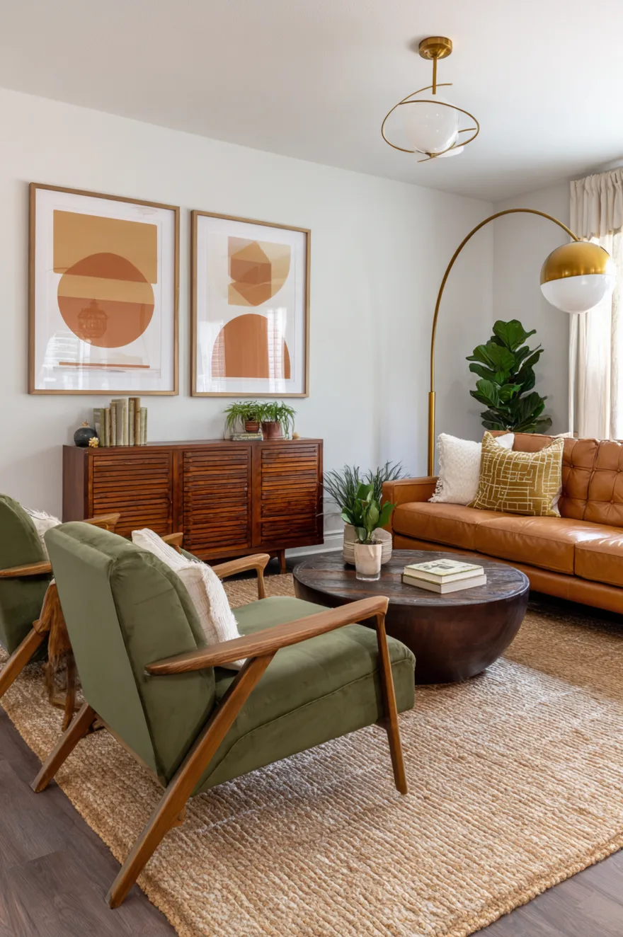 A sleek mid-century modern walnut credenza against a clean white wall, styled with a retro table lamp, a trailing green plant, and a stack of books.