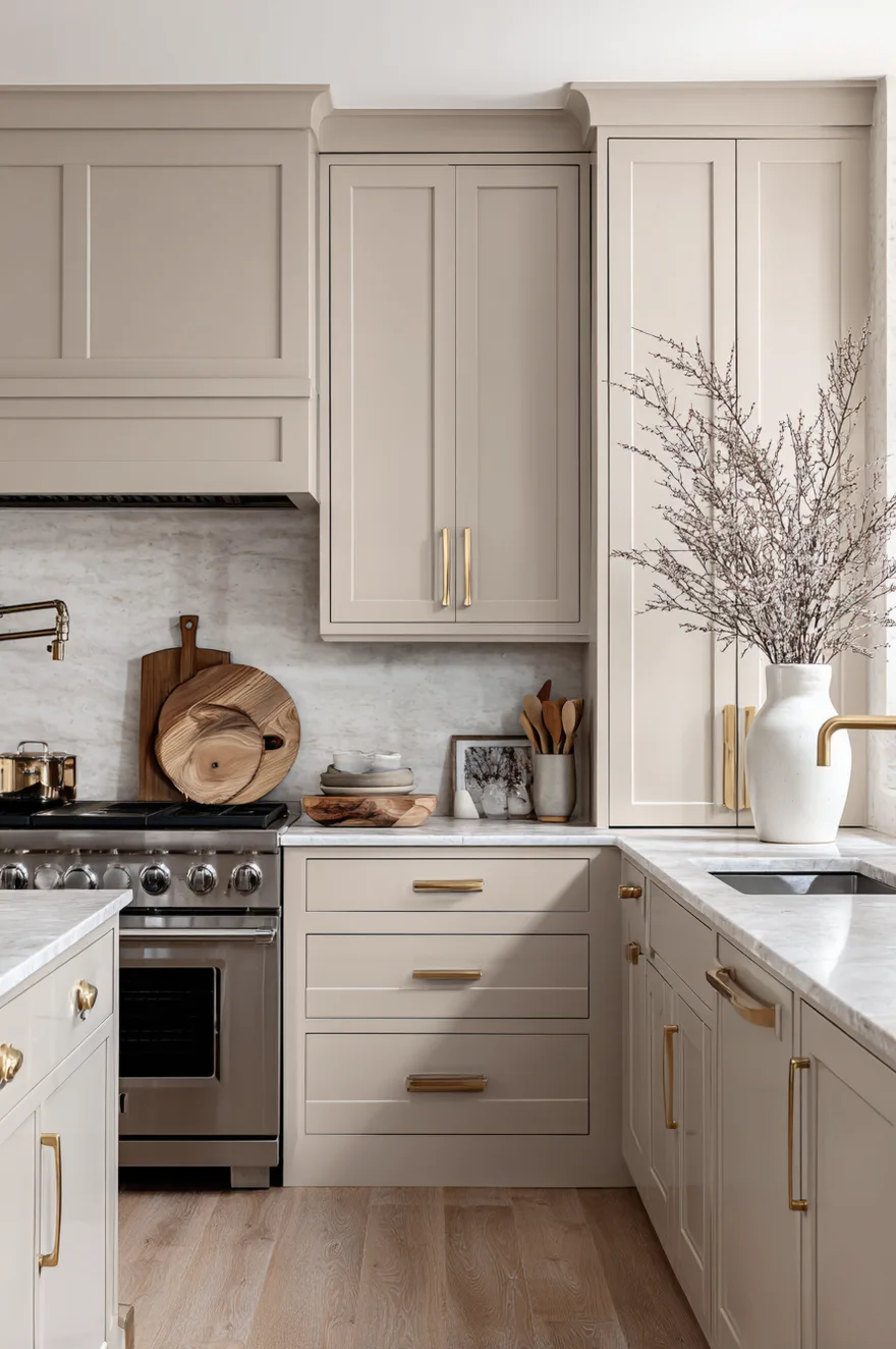 Warm taupe lower kitchen cabinets outfitted with traditional brass cup pull hardware, situated below a white countertop and a white apron front sink.