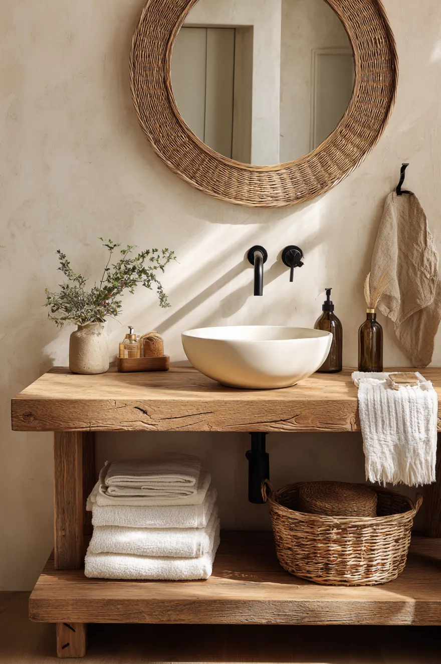 A white vessel sink sits on a thick rustic wood vanity table with a black wall-mounted faucet, paired with a round woven mirror and a large storage basket underneath.