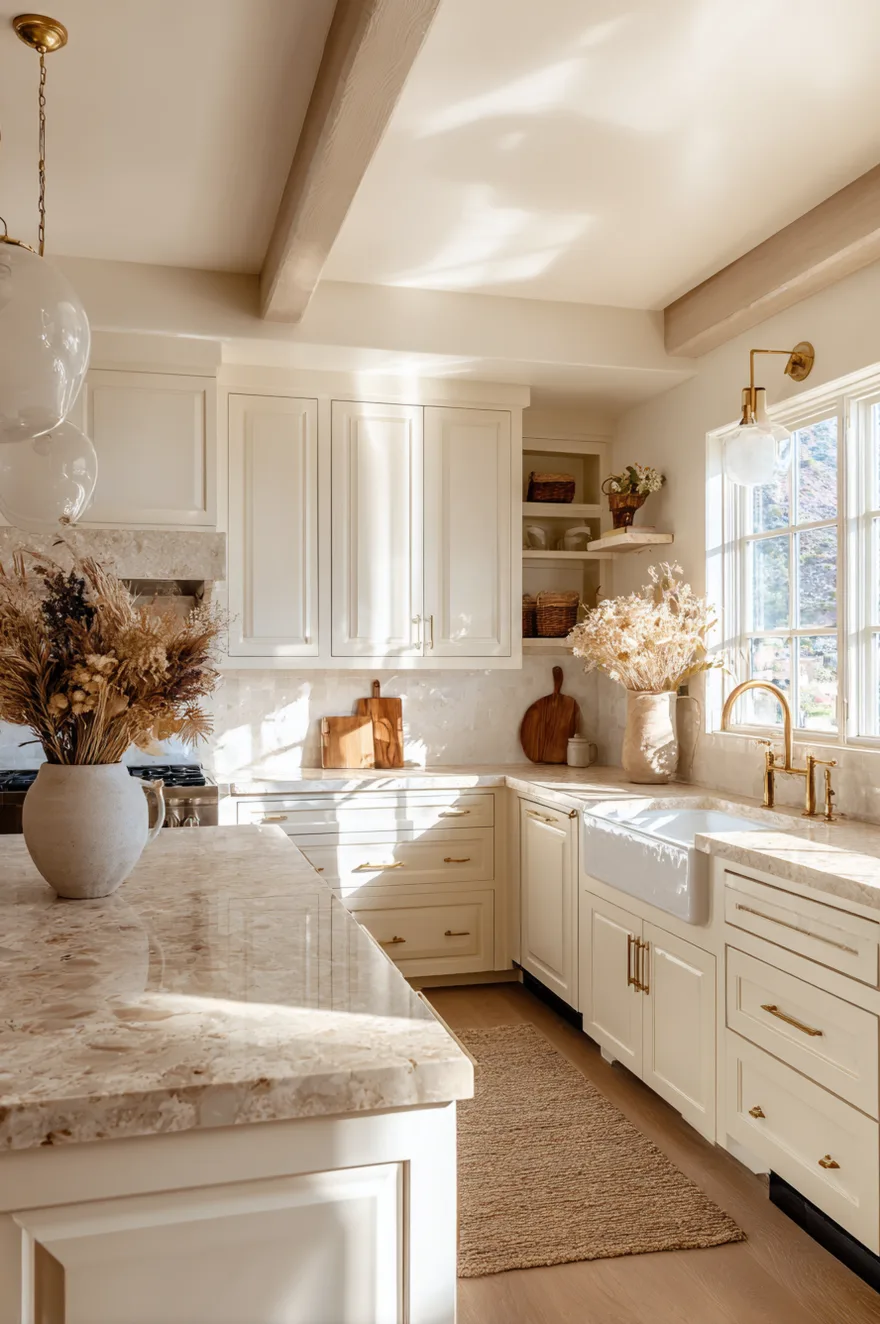 Cozy kitchen with mushroom colored cabinets, creamy walls, and unlacquered brass pot filler.
